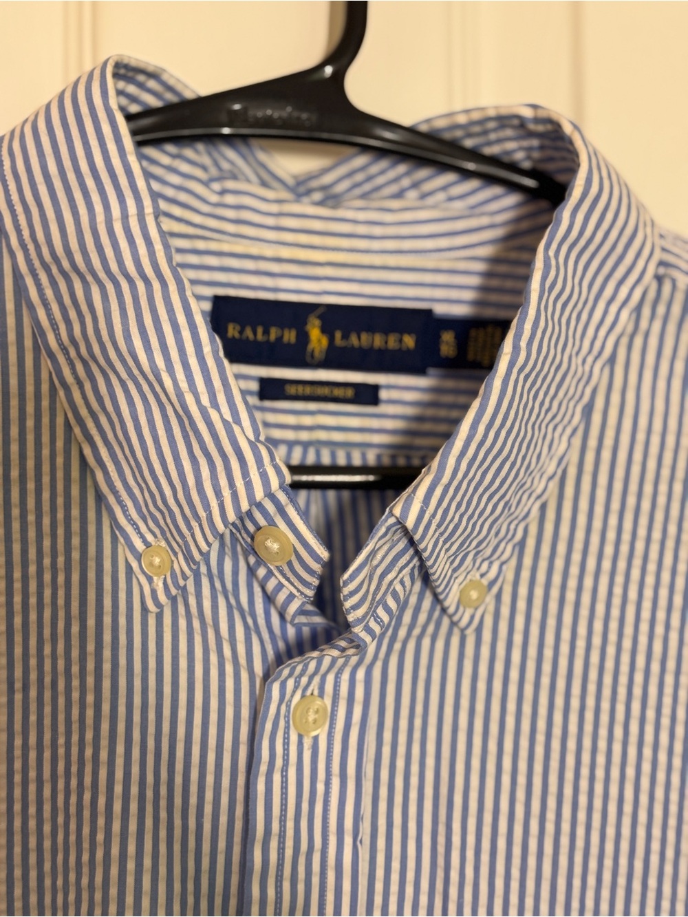 Ralph Lauren Seersucker Blue White Striped Short Sleeve Button Down Shirt MensXL - Picture 4 of 5
